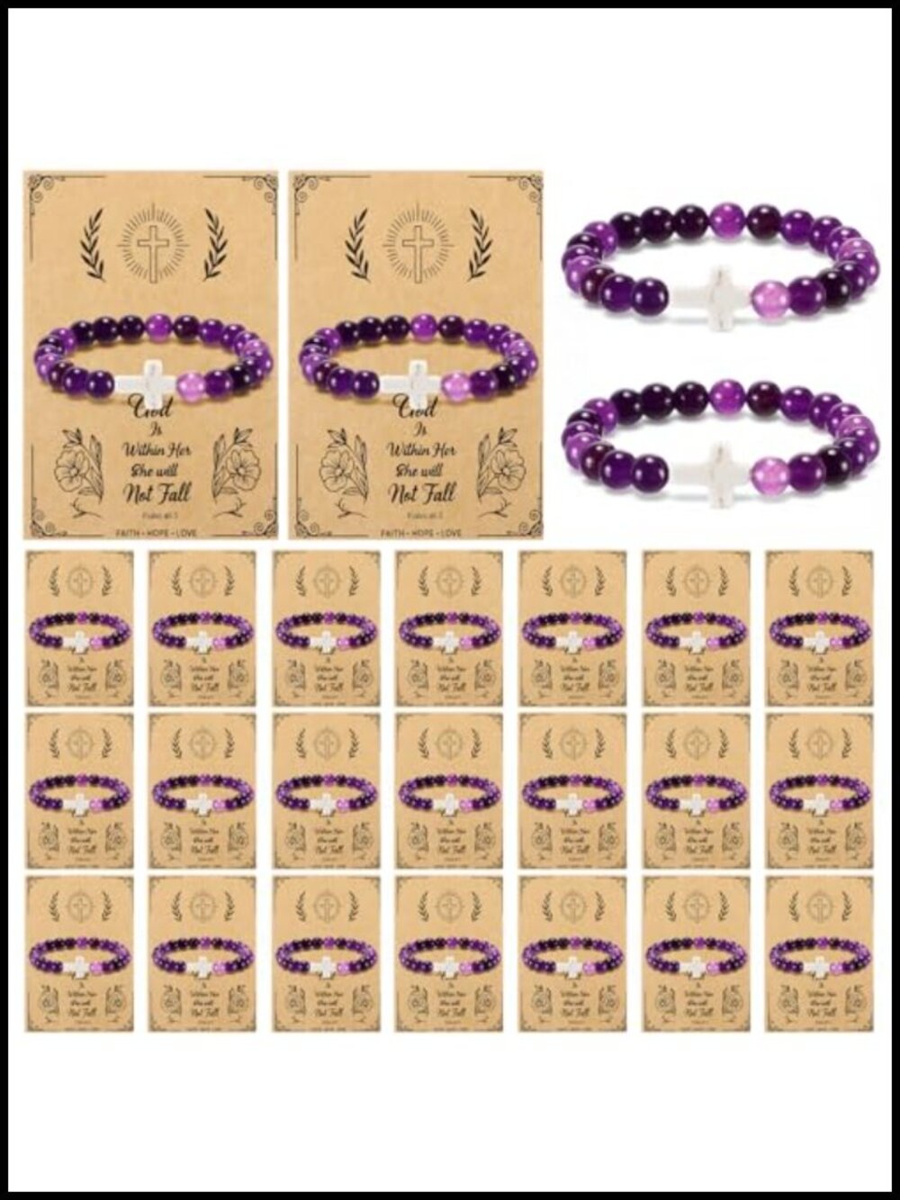 Natural Stone Cross Beaded Bracelets Set Womens Christian Jewelry 7 inch